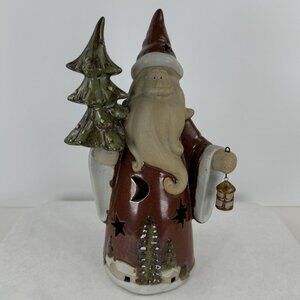 Santa Claus Stoneware Figurine Moon Star Cutouts Christmas Tree Lantern 12"